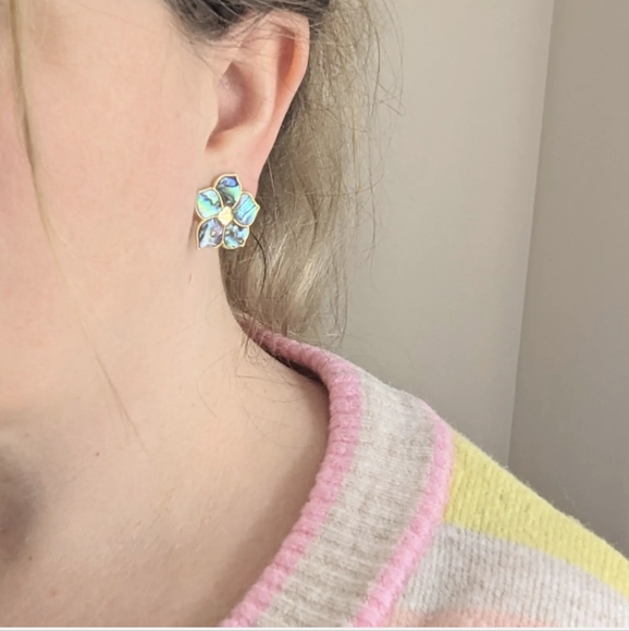 Vintage 1960s Abalone Shell Earrings Clip-on Floral Mermaid Core - Picture 2 of 5